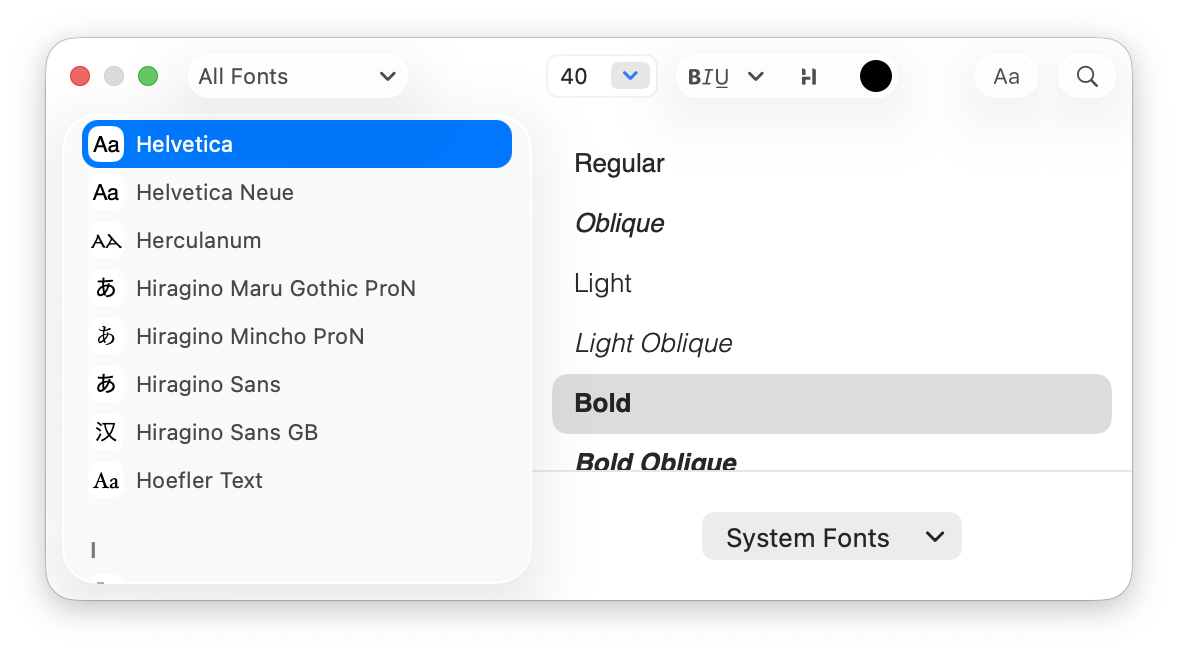 fonts panel