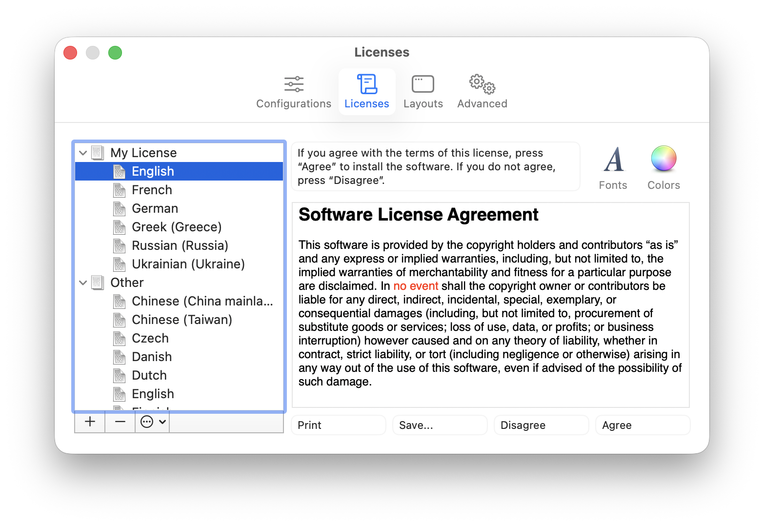 preferences licenses