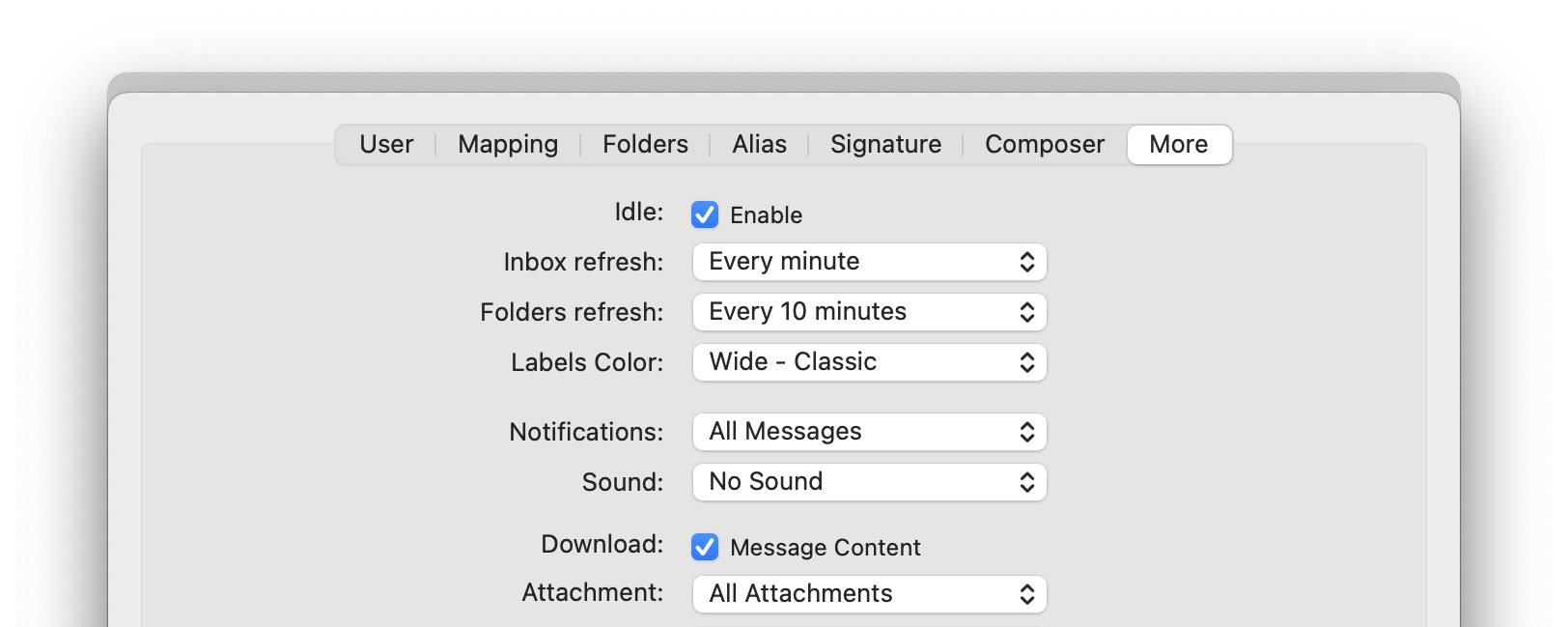 airmail settings accounts more