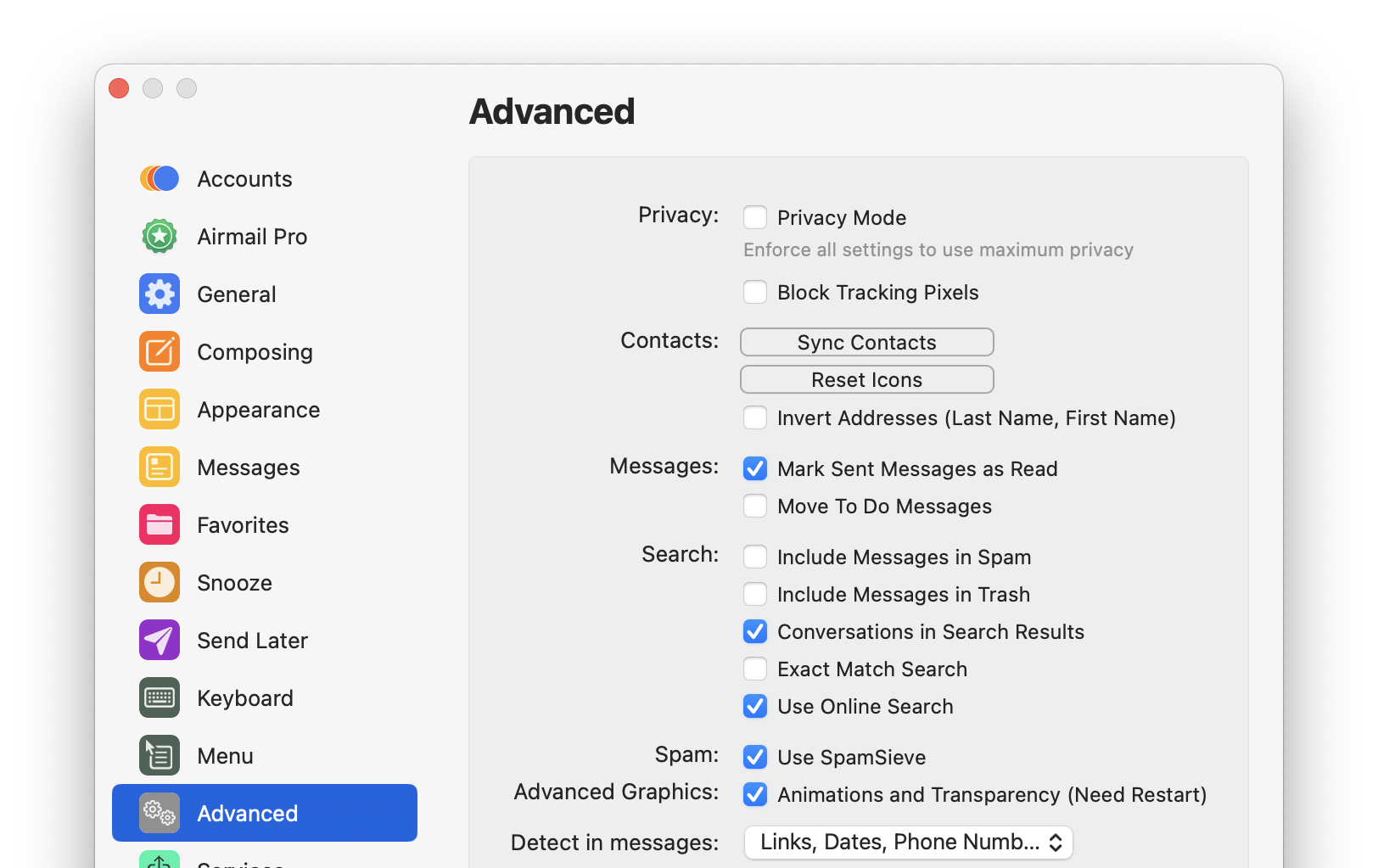 airmail settings advanced