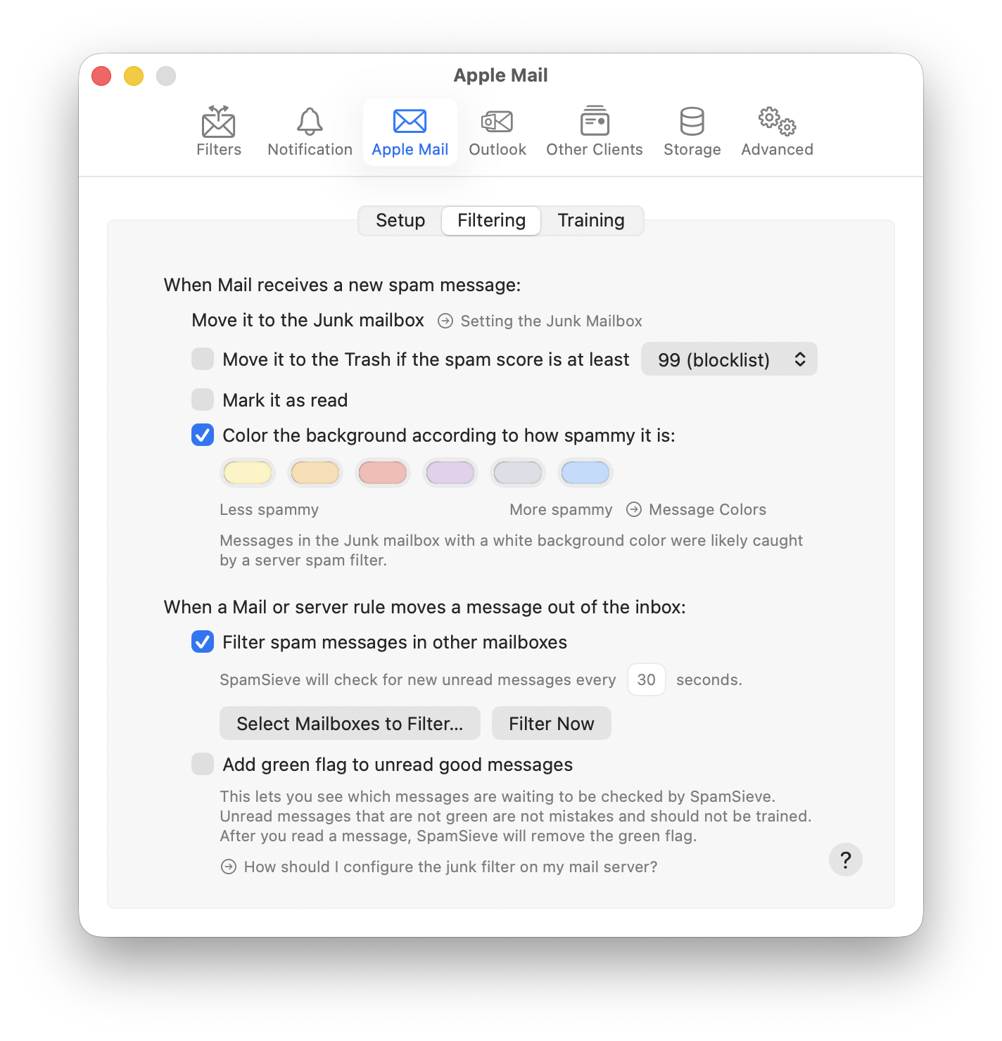 settings apple mail filtering