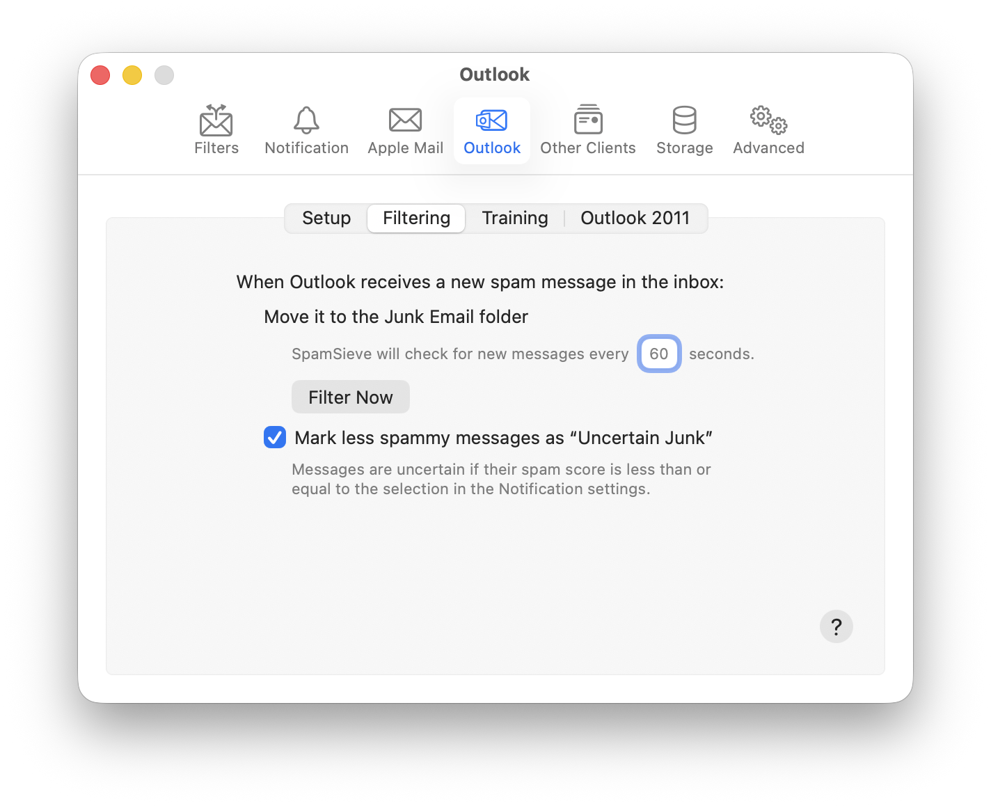 settings outlook filtering